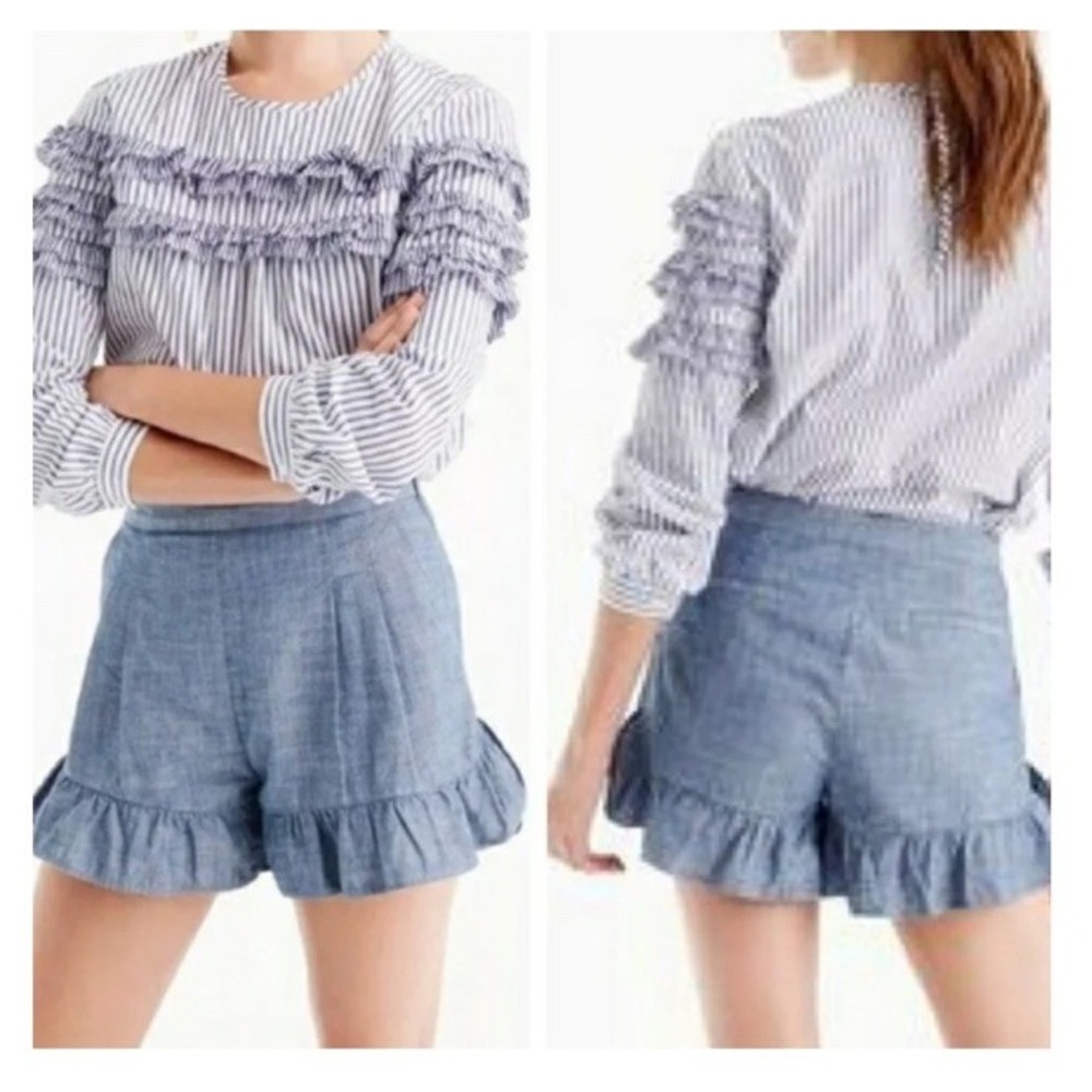 J. Crew Ruffle Shorts Chambray Cotton Sz 10 Coastal Nautical Minimalist Summer‎
